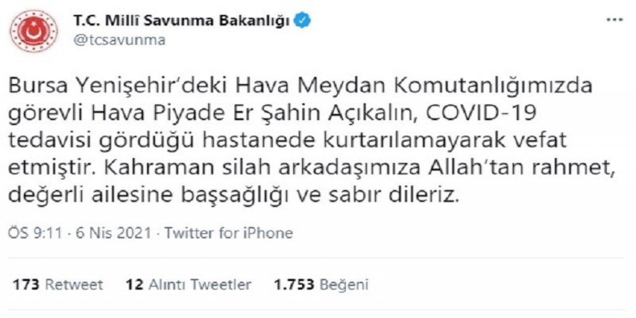 Bursa’da 1 Asker Korona Virüsten Hayatını Kaybetti