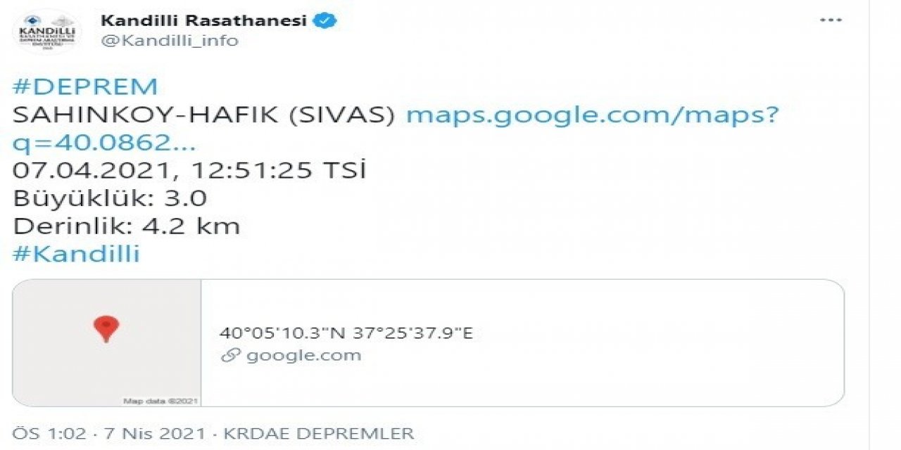 Sivas’ta 3.0 Büyüklüğünde Deprem Meydana Geldi