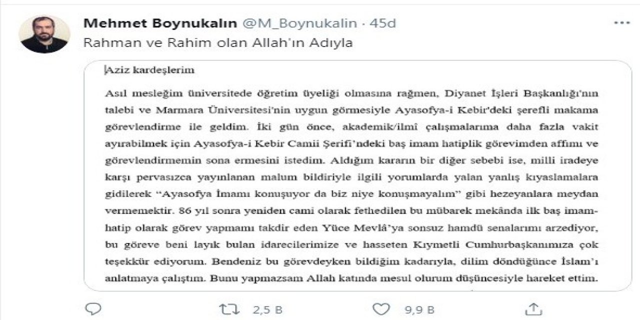 Ayasofya Camii İmamından İstifa Açıklaması