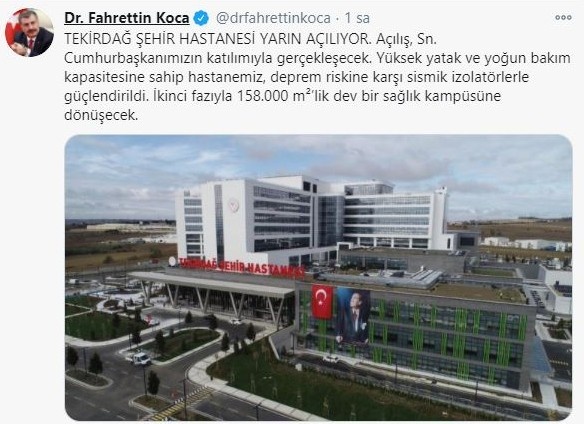 Bakan Koca’dan Tekirdağ Şehir Hastanesi paylaşımı: “Dev bir sağlık kampüsüne dönüşecek”