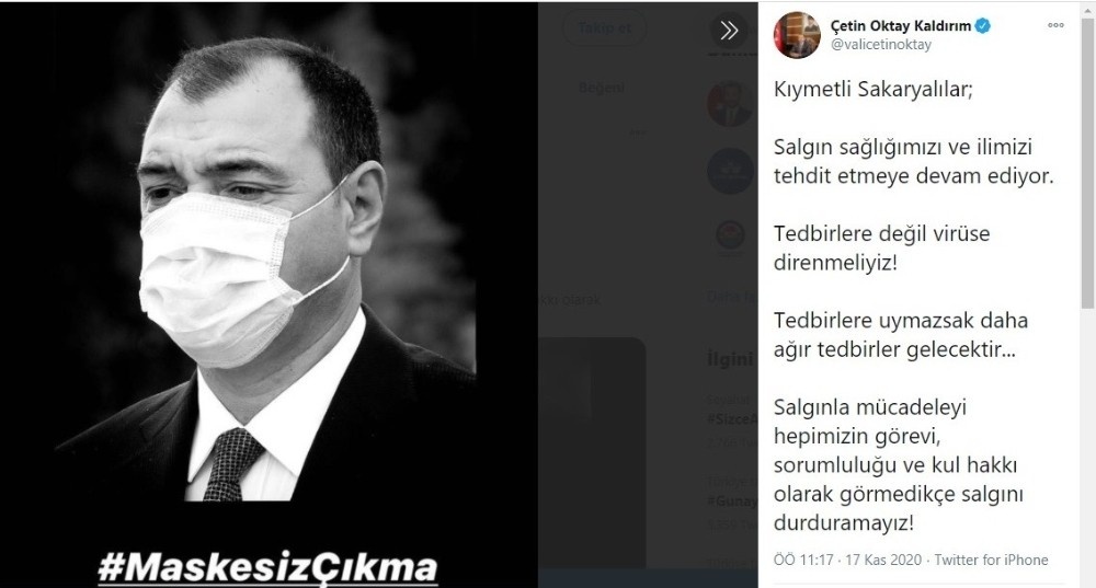 Sakarya Valisi Kaldırım uyardı: “Tedbirlere uymazsak daha ağır tedbirler gelecektir”