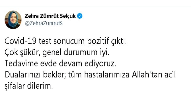 Bakan Zehra Zümrüt Selçuk: "Covid-19 test sonucum pozitif çıktı"