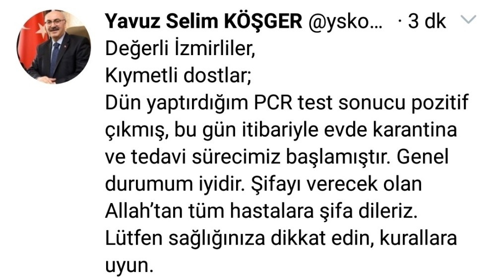 İzmir Valisi Yavuz Selim Köşger korona virüse yakalandı