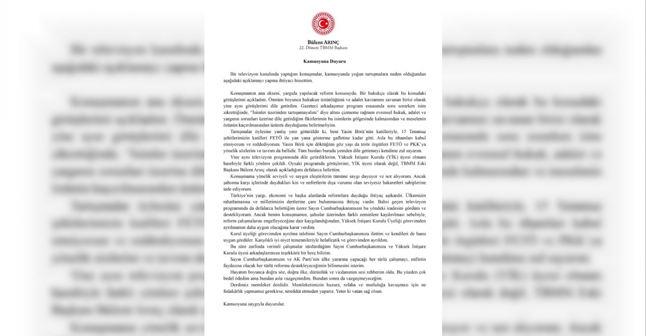 Bülent Arınç YİK üyeliğinden istifa etti