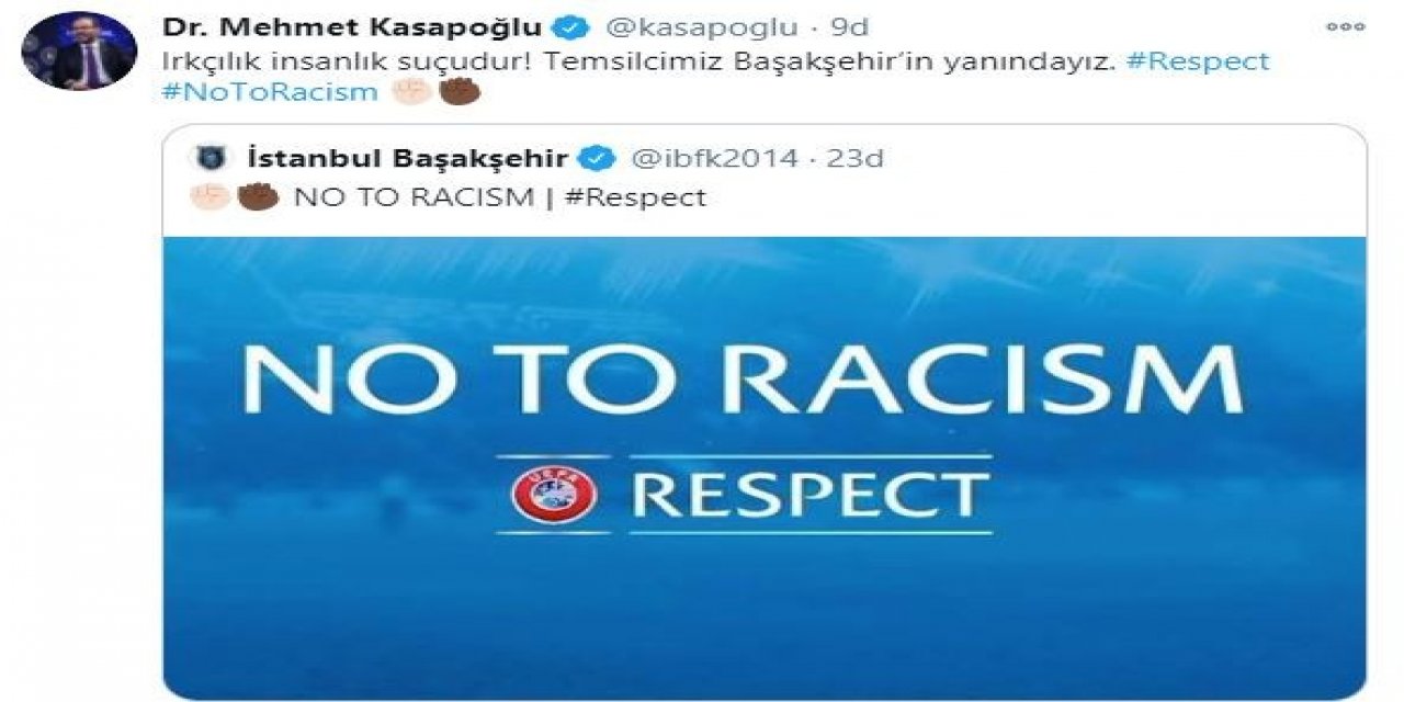 Bakan Kasapoğlu: "ırkçılık İnsanlık Suçudur! Temsilcimiz Başakşehir’in Yanındayız"