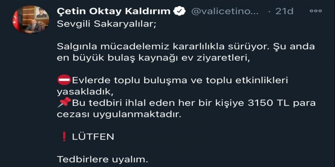 Sakarya’da Evlerde Toplu Buluşma Ve Etkinliklere 3 Bin 150 Lira Ceza Kesilecek