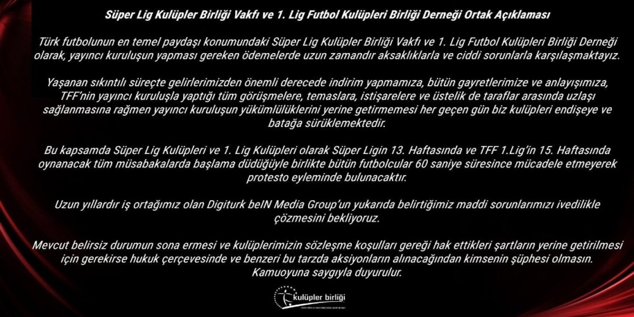 Kulüpler Birliği’nden 60 Saniyelik Protesto Duyurusu