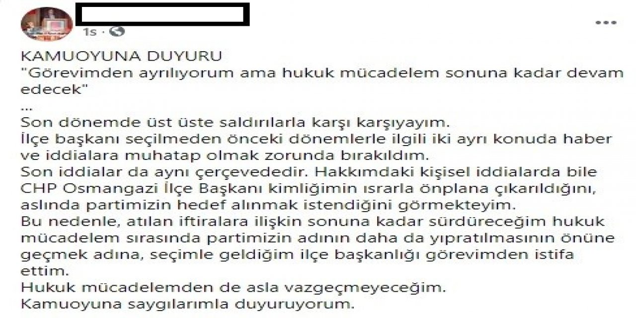 Taciz İddiaları İle Gündeme Gelen Chp Osmangazi İlçe Başkanı Görevinden İstifa Etti