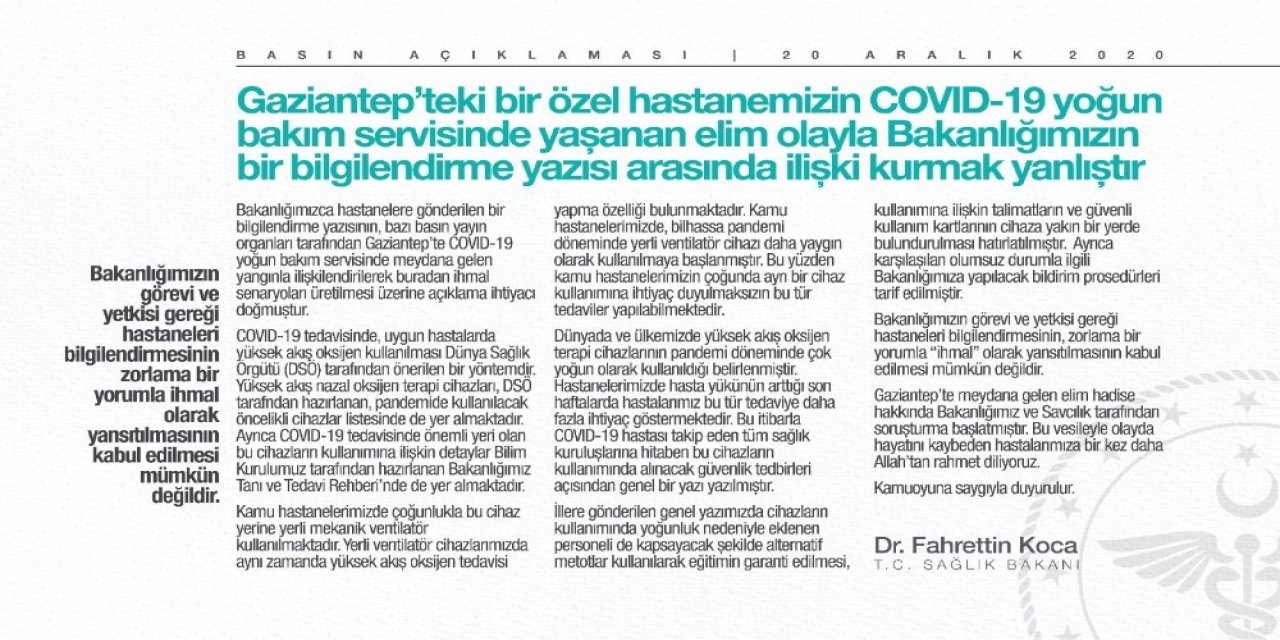 Bakan Koca’dan Gaziantep’te Hastanedeki Patlamayla İlgili Açıklama