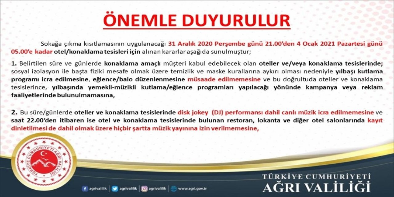 Ağrı’da Otellerde Yılbaşı Kutlama Programları Yasaklandı