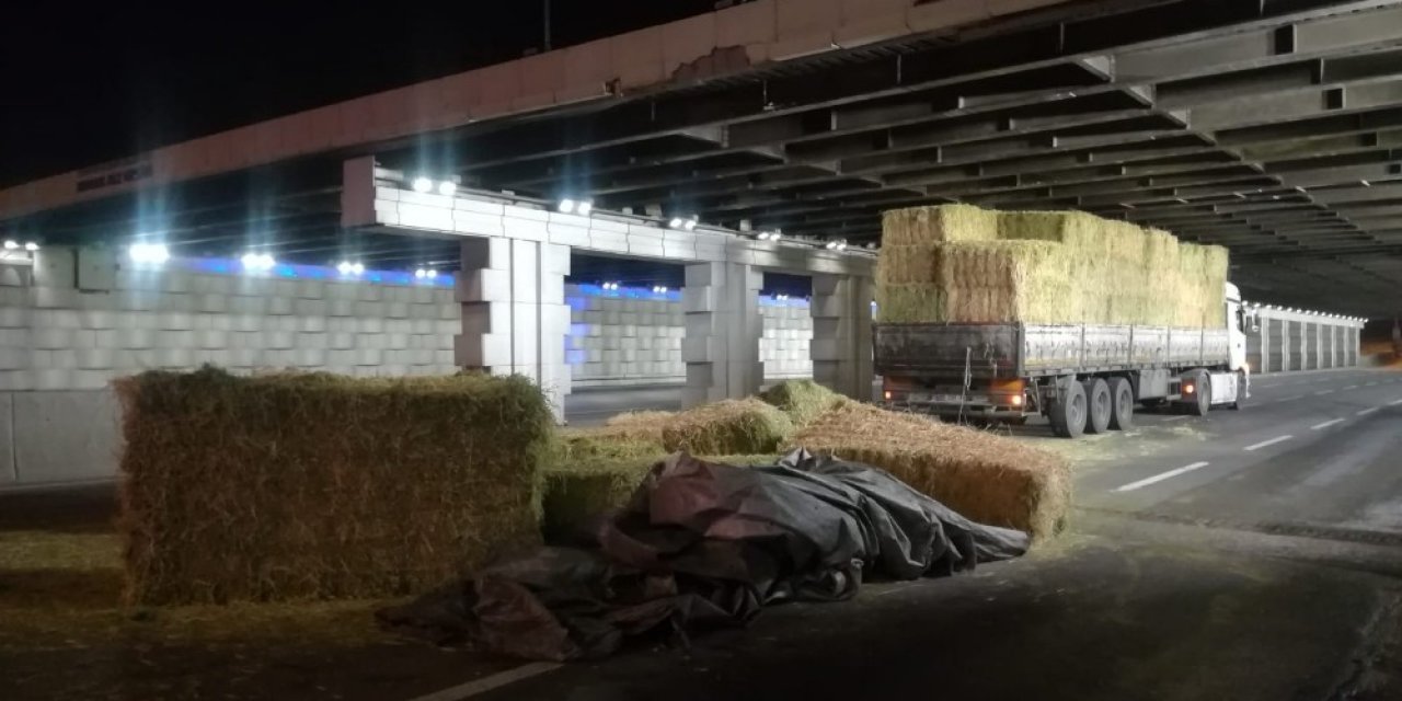 İzmir’de Saman Yüklü Tır Alt Geçide Sıkıştı