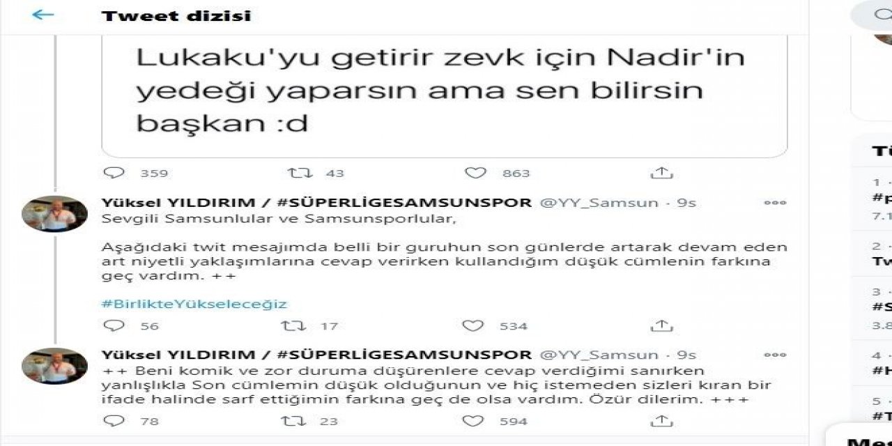 Samsunspor Başkanı Yıldırım Özür Diledi