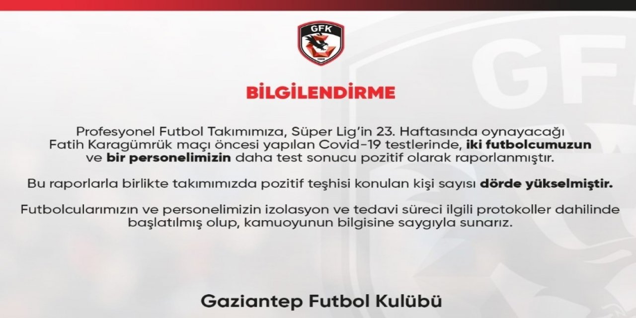 Gaziantep Fk’da Dört Pozitif Vaka