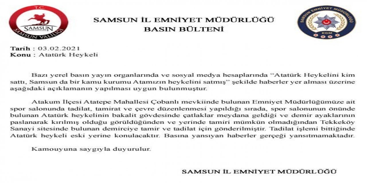 Samsun İ̇l Emniyet Müdürlüğü’nden ’atatürk Heykeli’ Açıklaması