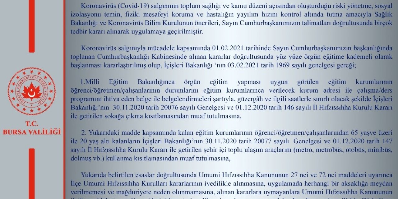 Bursa Valiliği’nden İ̇l Hıfzıssıhha Kurul Kararı Açıklaması