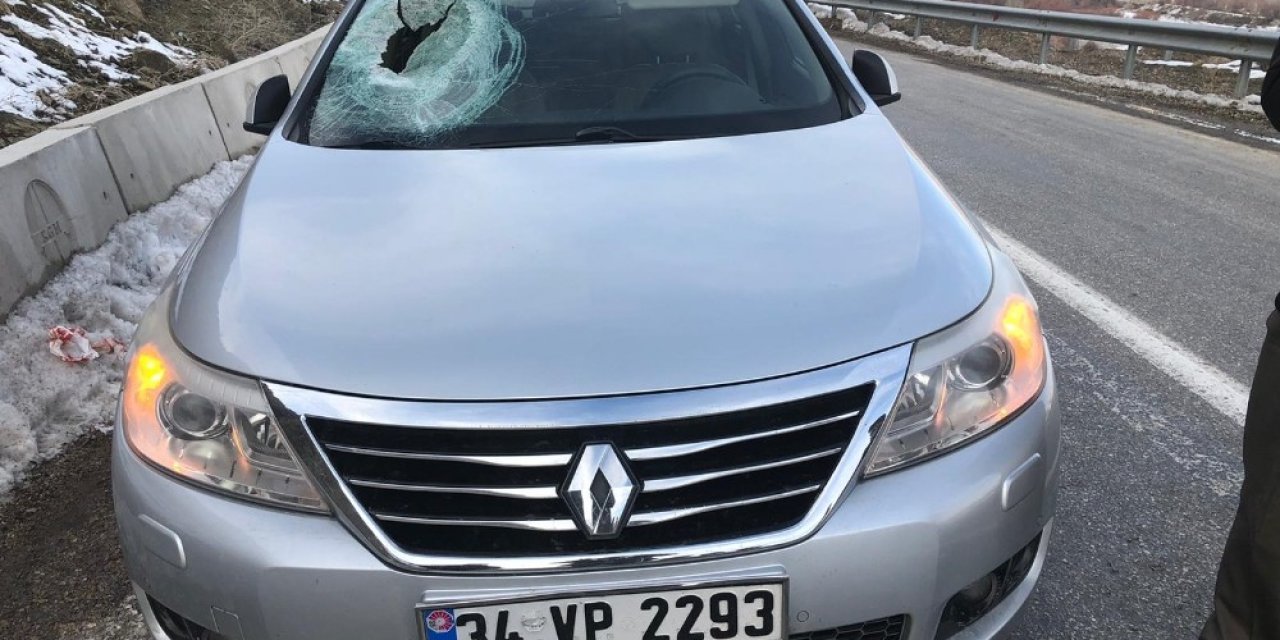 Dağdan Kopan Kaya Parçası Otomobilin Camından İçeri Girerek Sürücüyü Yaraladı