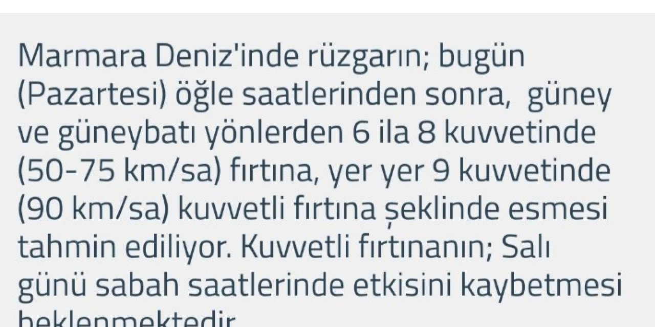 Marmara İçin Fırtına İkazı