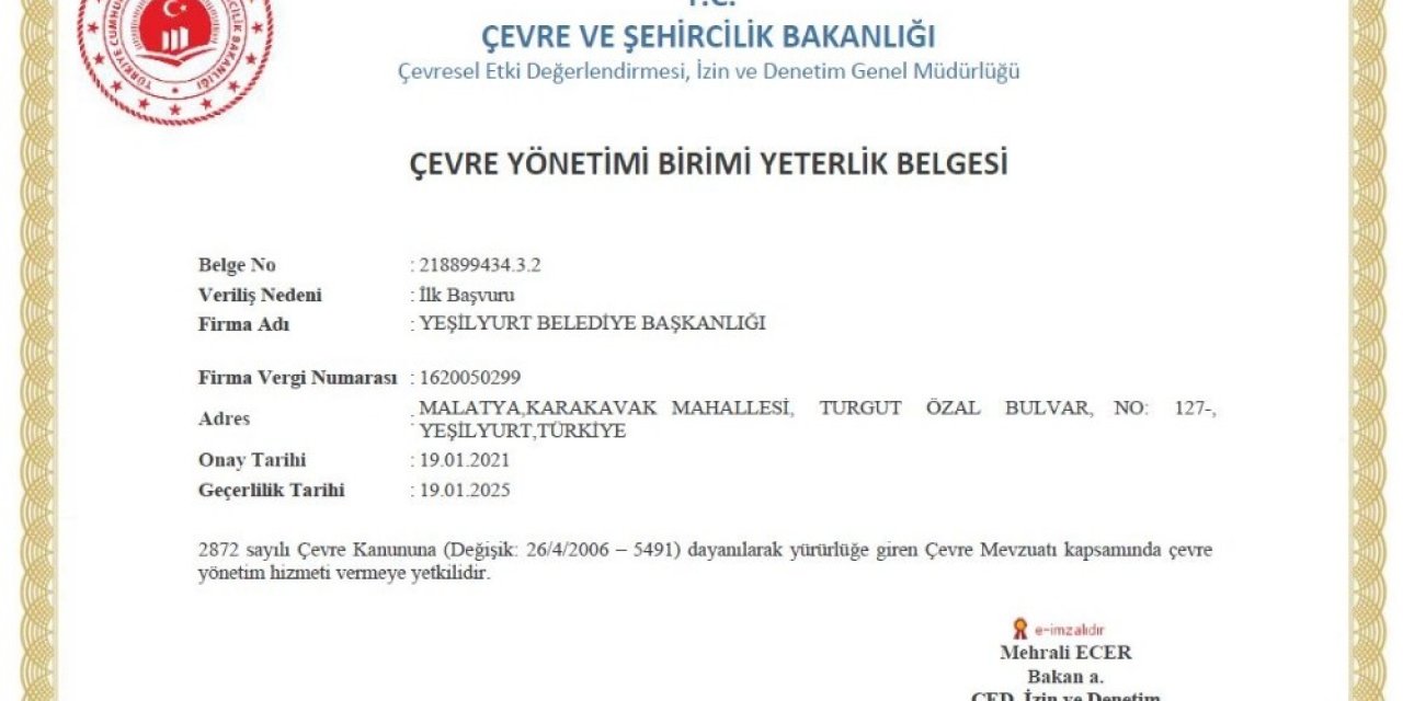 Yeşilyurt Belediyesi, Çevre Yönetim Yeterlilik Belgesini Aldı
