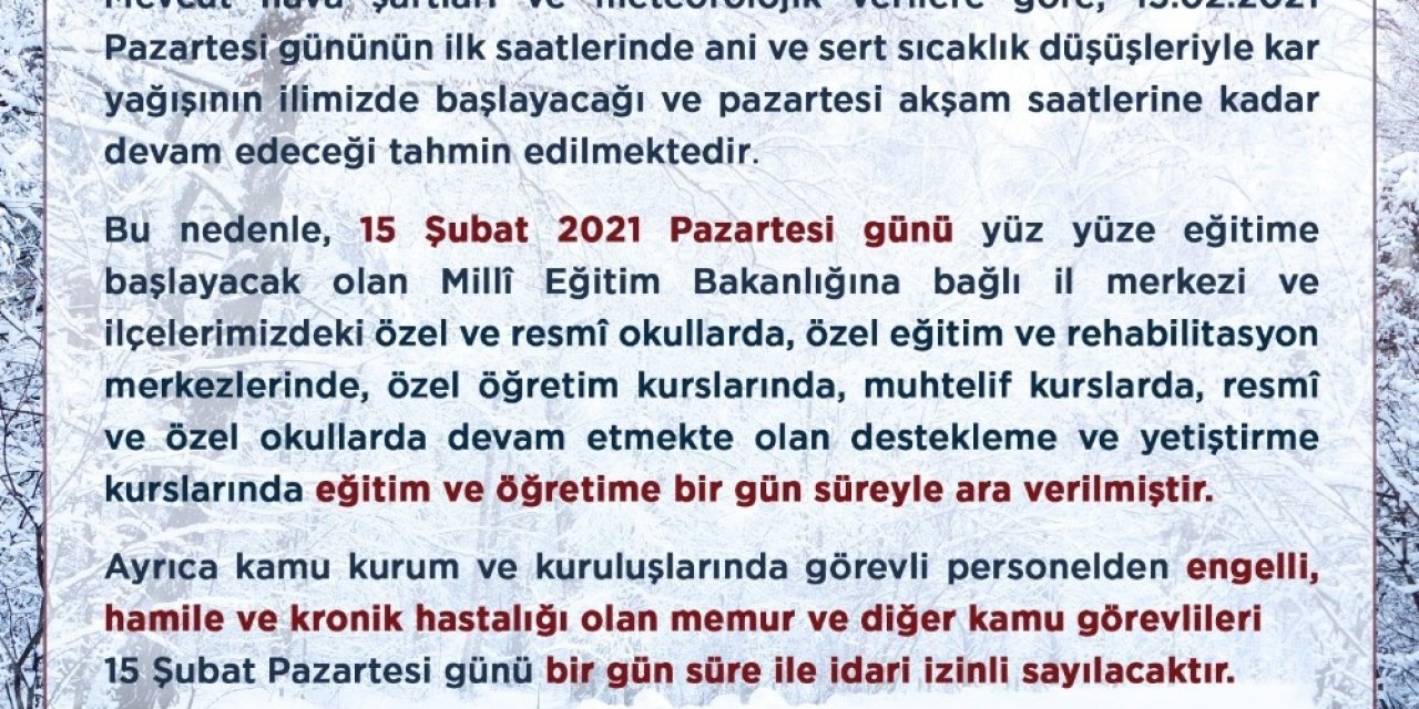 Uşak’ta Eğitime 1 Günlük Ara Verildi