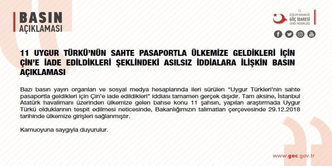 Göç İ̇daresi Genel Müdürlüğü’nden, Uygur Türkleri’nin Çin’e İadesi Yönündeki İddialara Yalanlama