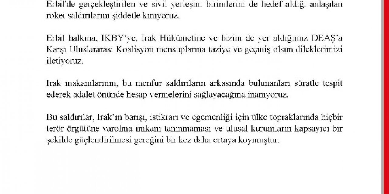 Dışişleri Bakanlığı, Erbil’deki Roket Saldırısına Kınadı