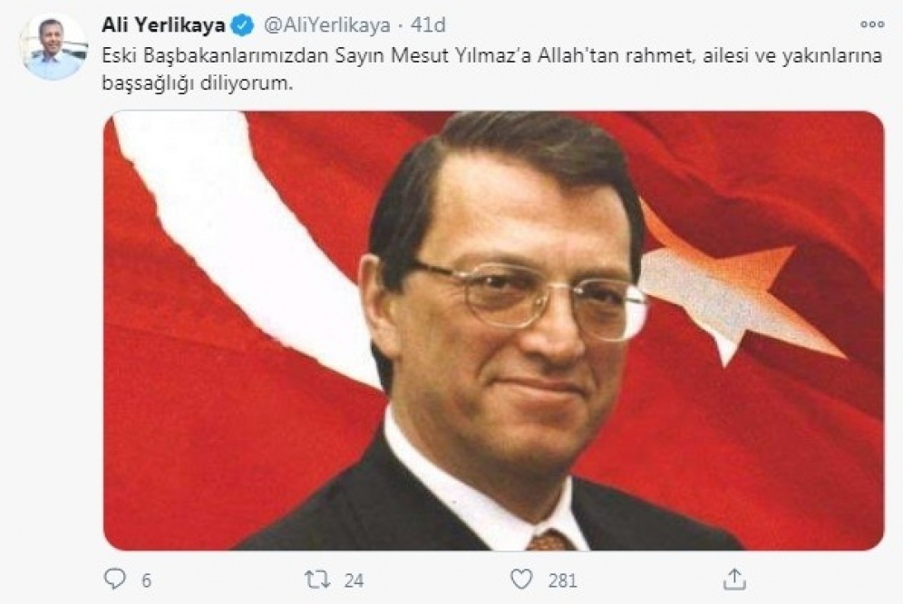 İstanbul Valisi Ali Yerlikaya, sosyal medya hesabı üzerinden Mesut Yılmaz için baş sağlığı mesajı yayınladı