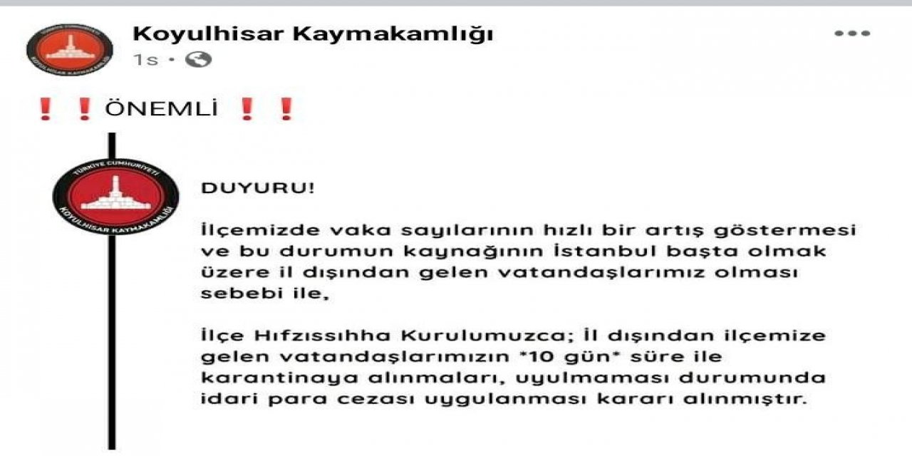 Bu İlçeye Gelen 10 Gün Karantinada Kalacak