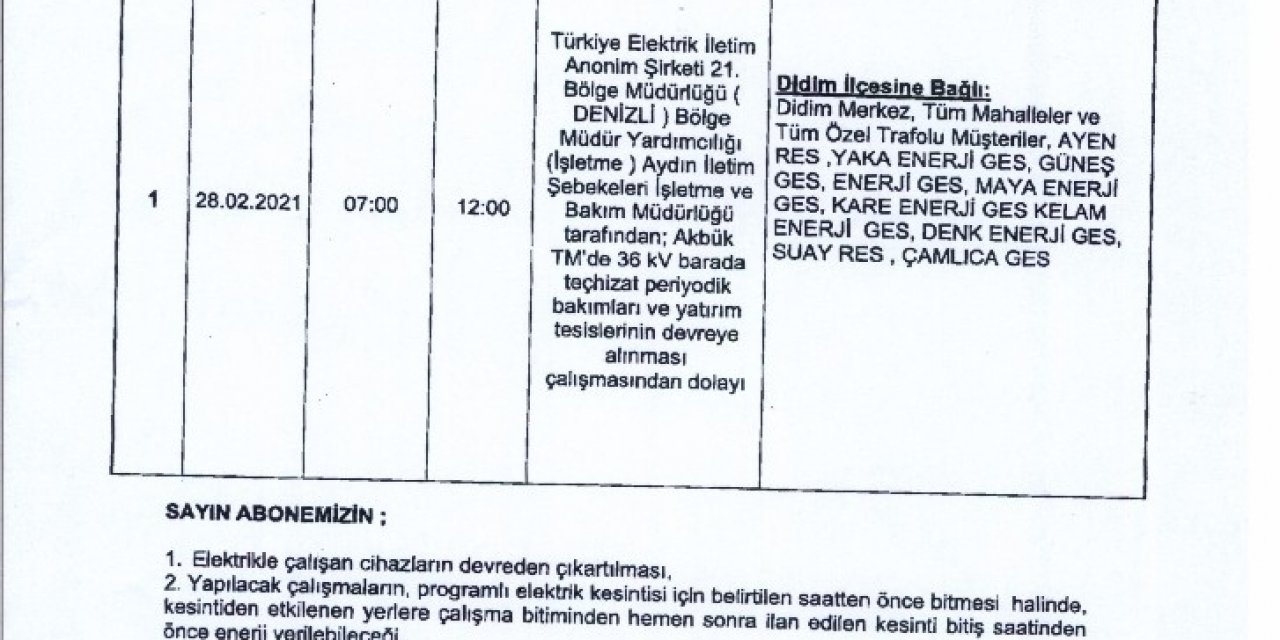Aydın’da 5 Saat Elektrik Kesintisi Yaşanacak