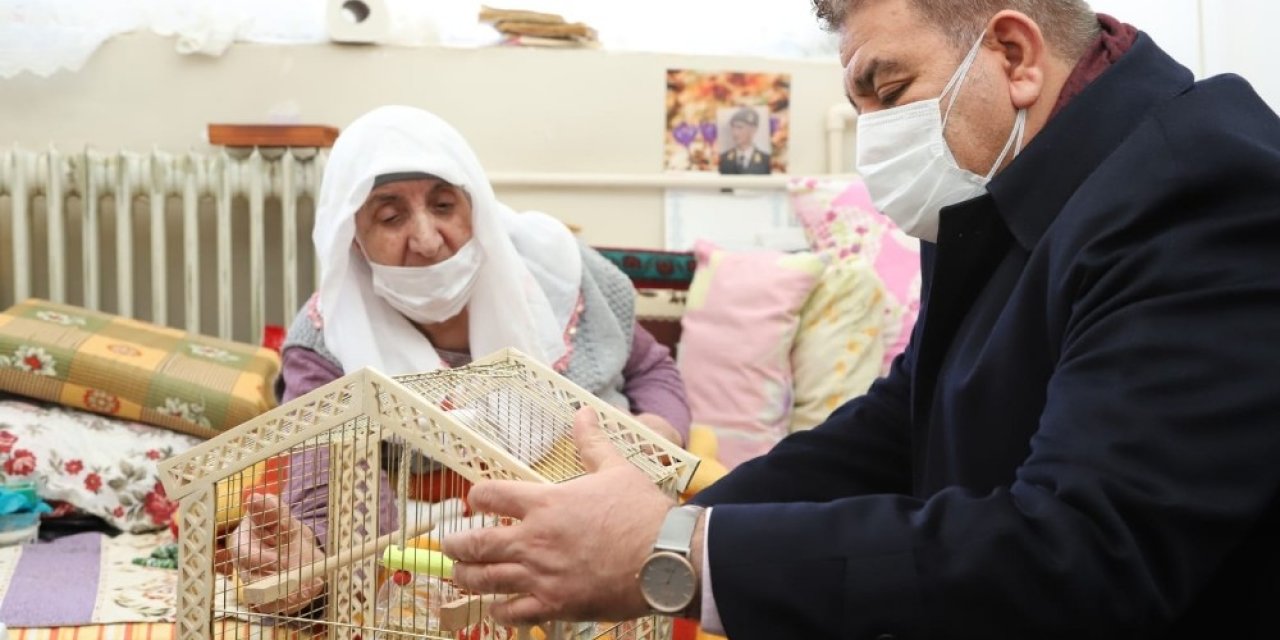 Başkan Sunar, Kedisi Kaybolan Sevgi Nineye Muhabbet Kuşu Hediye Etti