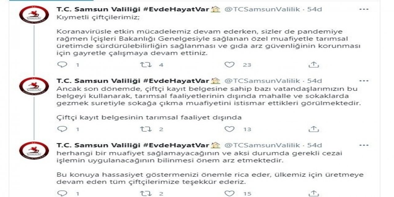 Samsun Valiliği: "çiftçi Kayıt Belgesine Sahip Vatandaşlar Sokağa Çıkma Muafiyetini İstismar Ediyor"