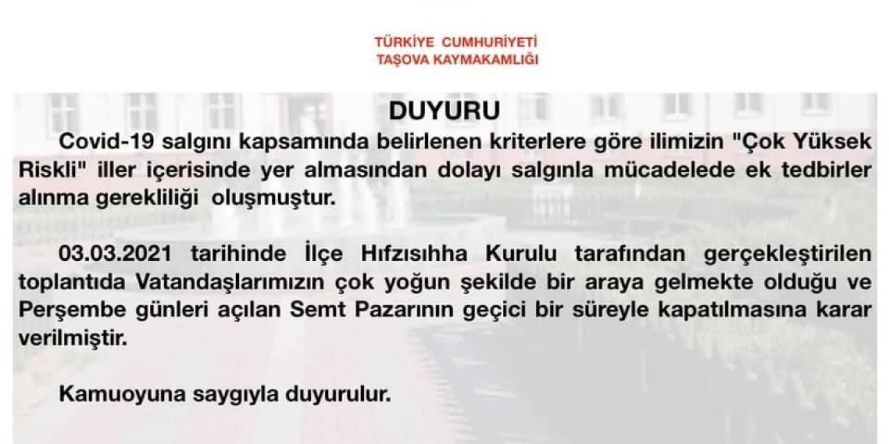 Amasya’da Semt Pazarı Geçici Olarak Kapatıldı