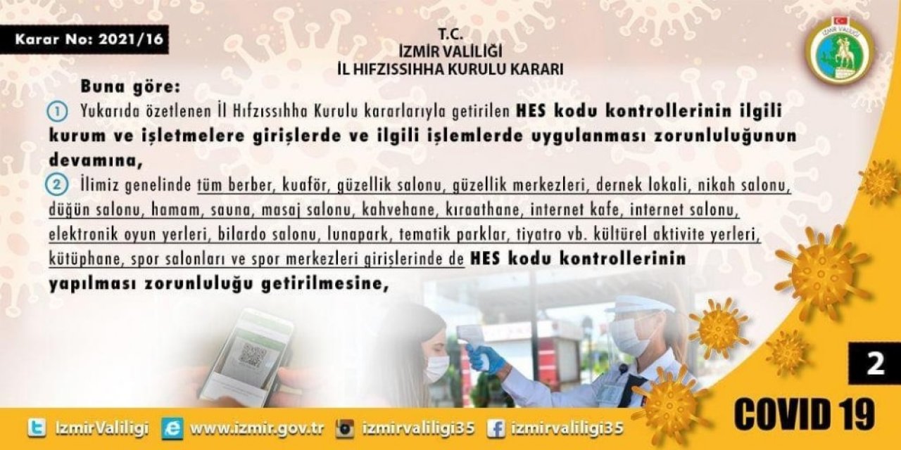 İ̇zmir İ̇l Hıfzıssıhha Kurulundan Geniş Çaplı ‘hes’ Kodu Kararı