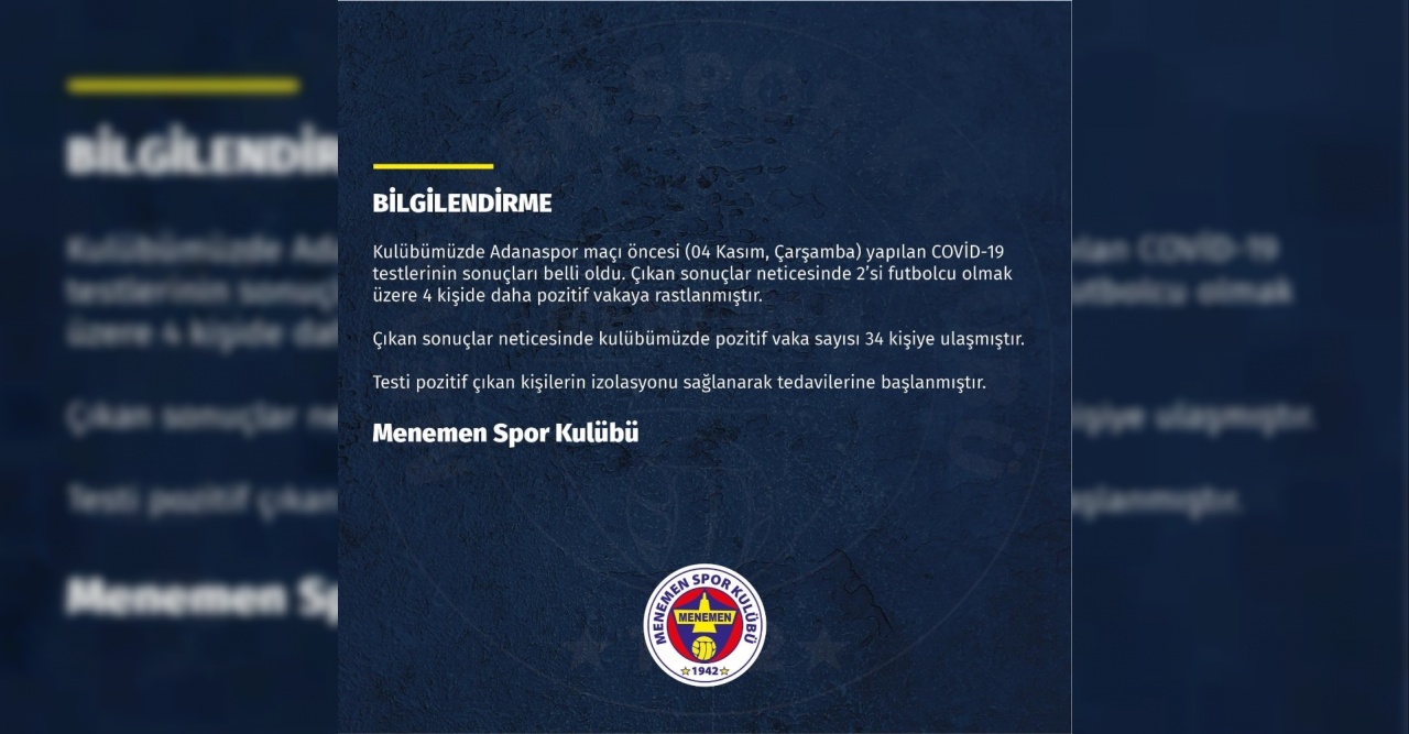 Menemenspor’da vaka sayısı 34’e yükseldi