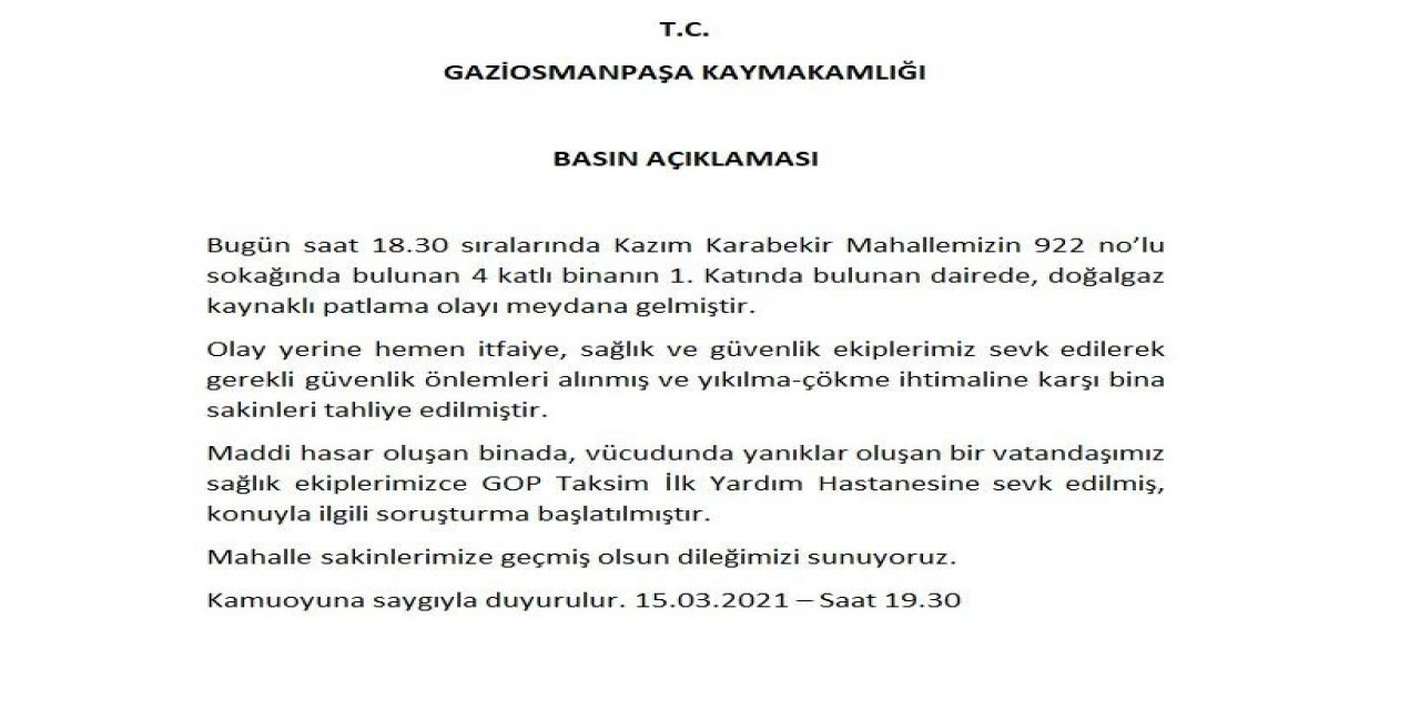 Gaziosmanpaşa Kaymakamlığı’ndan Doğalgaz Patlamasına İlişkin Açıklama