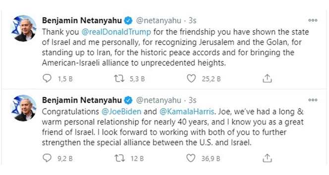 İsrail Başbakanı Netanyahu'dan ABD'nin yeni Başkanı Biden'a tebrik