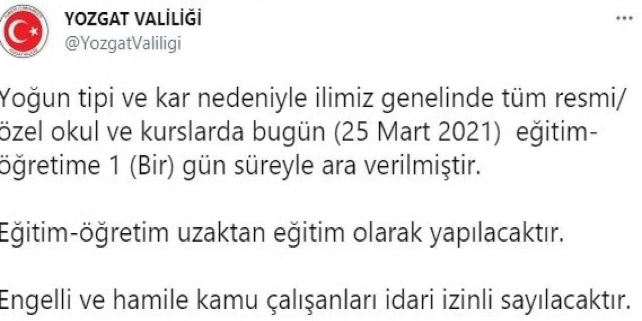 Yozgat’ta Eğitime Kar Tatili