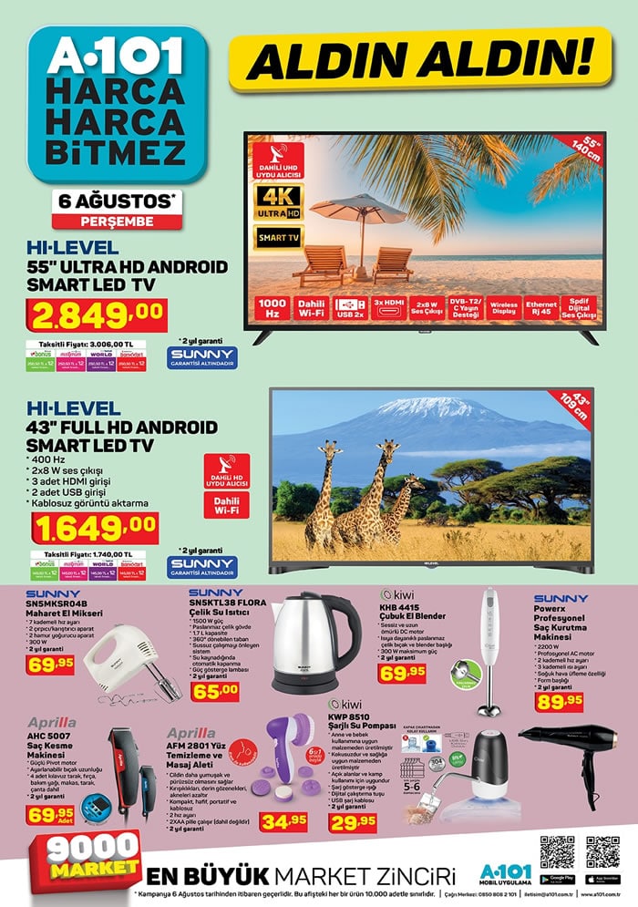 A101 6-13 Ağustos indirim aktüel broşürü yayımlandı..! SEG buzdolabı, Ultra HD smart led tv, ve daha fazlası