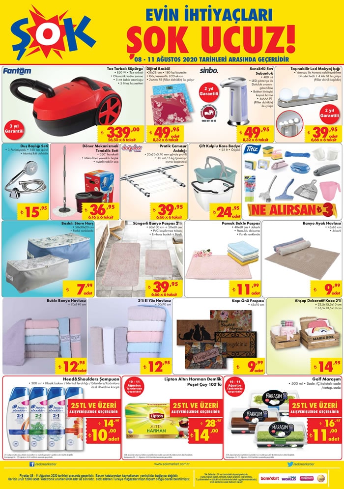 Şok Market 8 Ağustos indirim broşürü haftalık aktüel katalog..! Fantom, Sinbo, Elektrikli süpürge, dijital baskül ve daha fazlası..