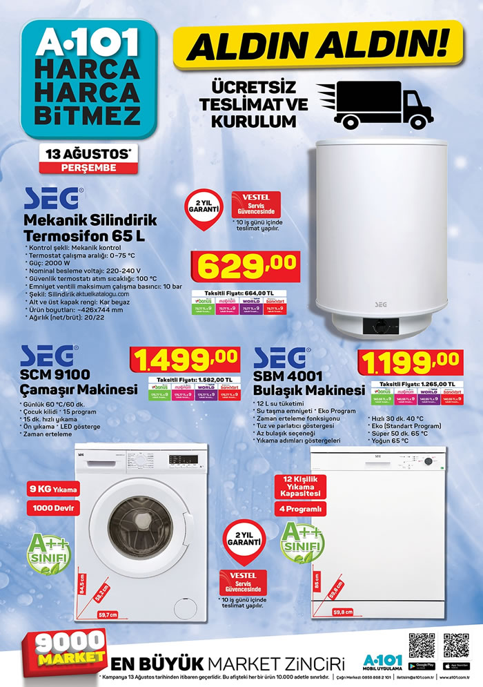 A 101 Market 13 – 20 Ağustos indirim broşürü haftalık aktüel katalog..! Samsung Full HD tv, 4 kapılı mutfak dolabı, Flavel kahve makinası ve çok daha fazlası..!