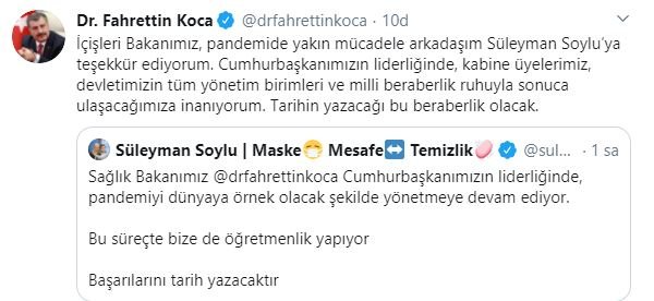 Salgının ilk günlerinde birbirlerine girmişlerdi! Süleyman Soylu Fahrettin Koca&#039;ya neden teşekkür etti?