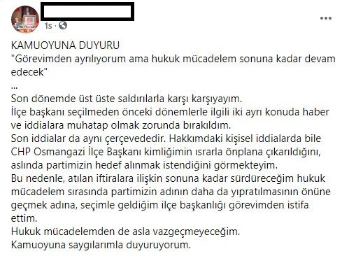 Taciz İddiaları İle Gündeme Gelen Chp Osmangazi İlçe Başkanı Görevinden İstifa Etti