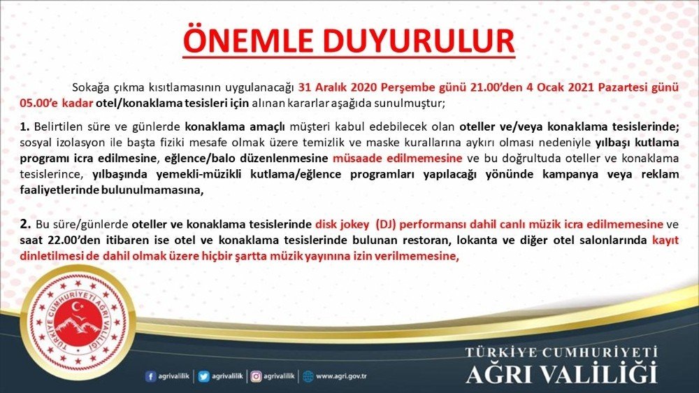 Ağrı’da Otellerde Yılbaşı Kutlama Programları Yasaklandı