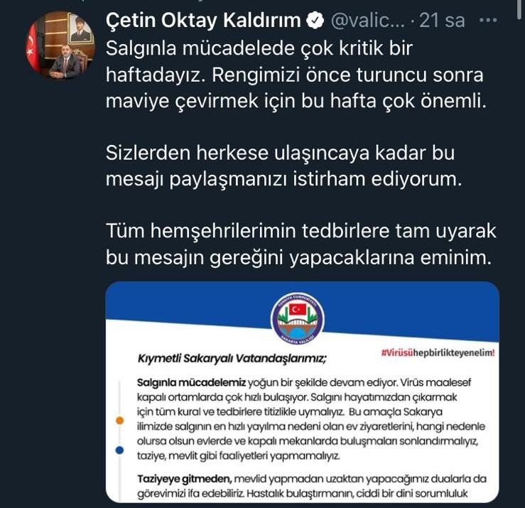 Kırmızı Kategorideki Sakarya Valisi Uyardı: