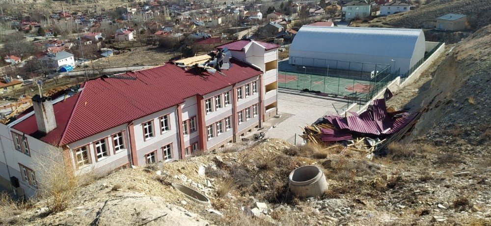 Sivas’ta Şiddetli Rüzgar Okulun Çatısını Uçurdu