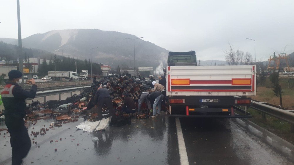 Bilecik’te Meyve Yüklü Tır Devrildi, Sürücü Yara Almadan Kurtuldu